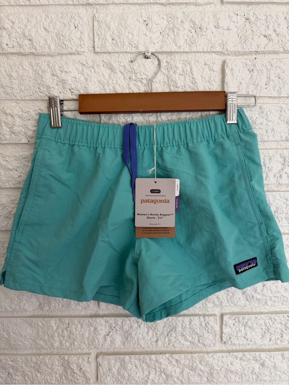 Patagonia Women’s Barely Baggies Shorts — Teal with Blue Drawcord